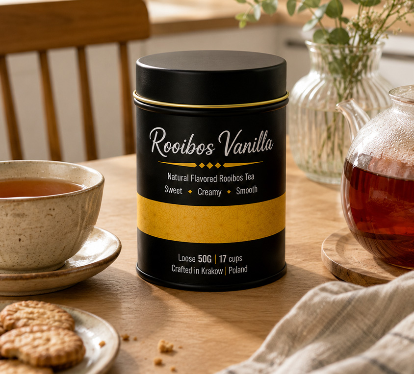 Rooibos Vanilla Leo Tea w prezentowej metalowej puszce na kazda okazje a szczegolnie dla kobiet w ciazy i dzieci